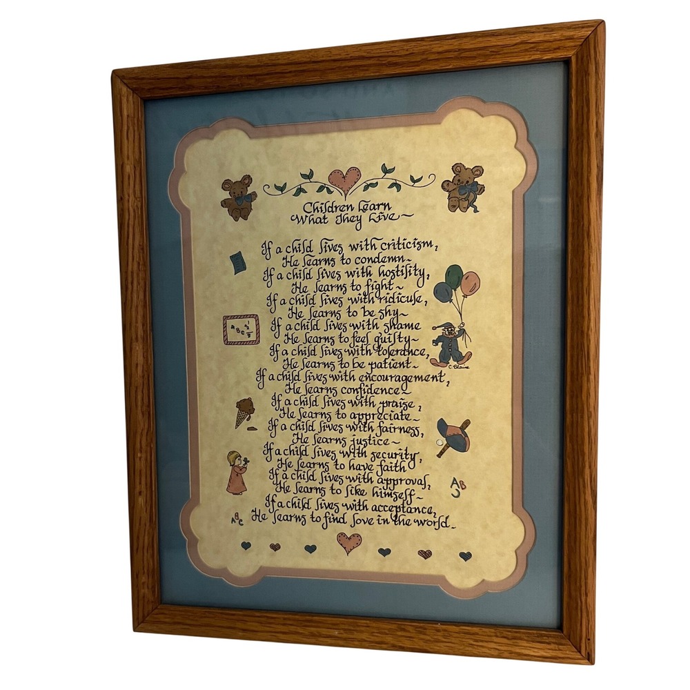 Vintage Children Learn What They Live Framed Calligraphy Poem C Blaine 1980s